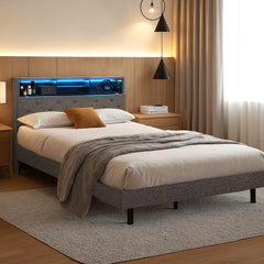 Artiss Bed Frame King Single Size LED Mattress Base Platform with Storage Shelf Hidden Storage Box Grey