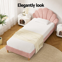 Artiss Bed Frame King Single Size Scallop-Shape Bedhead Beds Base Pink Velvet Fabric