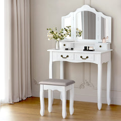 Artiss Dressing Table Stool Set Foldable Mirror White