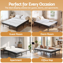 Giselle Double Folding Bed with Mattress 4 Fold Metal Frame Guest Bed Bamboo Cover