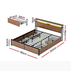 Artiss Metal Bed Frame King Size LED Storage Headboard USB Charge 4 Drawers