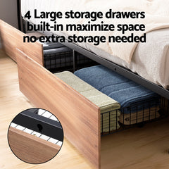 Artiss Metal Bed Frame King Size LED Storage Headboard USB Charge 4 Drawers