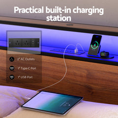 Artiss Metal Bed Frame Queen Size LED Storage Headboard USB Charge 4 Drawers