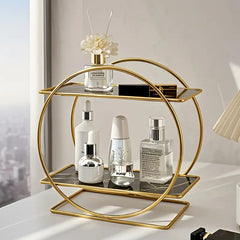 Elegant Golden Two-Tier Metal Cosmetic Organizer Stand - Luxury Countertop Makeup and Skincare Storage Shelf, Ideal for Bathr