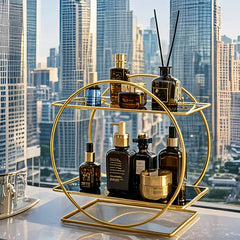 Elegant Golden Two-Tier Metal Cosmetic Organizer Stand - Luxury Countertop Makeup and Skincare Storage Shelf, Ideal for Bathr