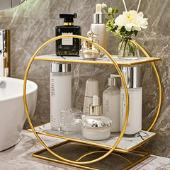 Elegant Golden Two-Tier Metal Cosmetic Organizer Stand - Luxury Countertop Makeup and Skincare Storage Shelf, Ideal for Bathr