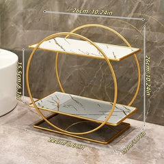 Elegant Golden Two-Tier Metal Cosmetic Organizer Stand - Luxury Countertop Makeup and Skincare Storage Shelf, Ideal for Bathr