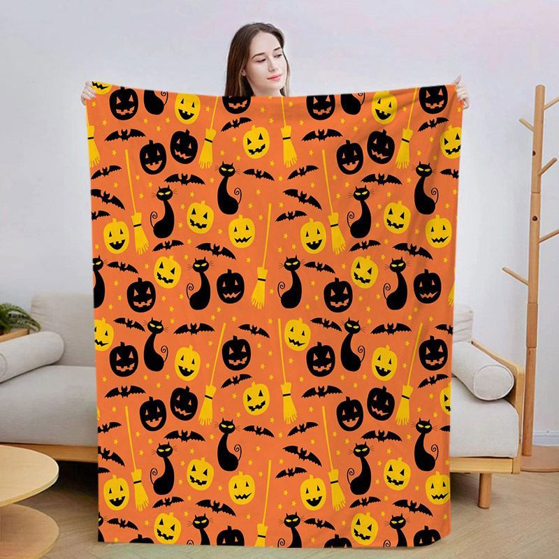 Halloween Throw Blanket Cozy Microfiber Blanket Soft Flannel Throw Festive Home Pumpkin Cat and bat - Orange - Size 70cm*100c