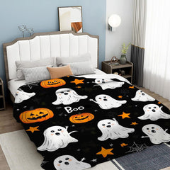 Halloween Throw Blanket Cozy Microfiber Blanket Soft Flannel Throw Festive Home Pumpkin Cat and bat - Orange - Size 100cm*130