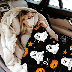 Halloween Throw Blanket Cozy Microfiber Blanket Soft Flannel Throw Festive Home Pumpkin Cat and bat - Orange - Size 100cm*130