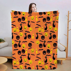 Halloween Throw Blanket Cozy Microfiber Blanket Soft Flannel Throw Festive Home Pumpkin Cat and bat - Orange - Size 100cm*150