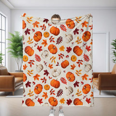 Halloween Throw Blanket Cozy Microfiber Blanket Soft Flannel Throw Festive Home Pumpkin Leaves - White - Size 150cm*180cm