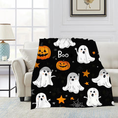Halloween Throw Blanket Cozy Microfiber Blanket Soft Flannel Throw Festive Home Pumpkin Leaves - White - Size 150cm*180cm