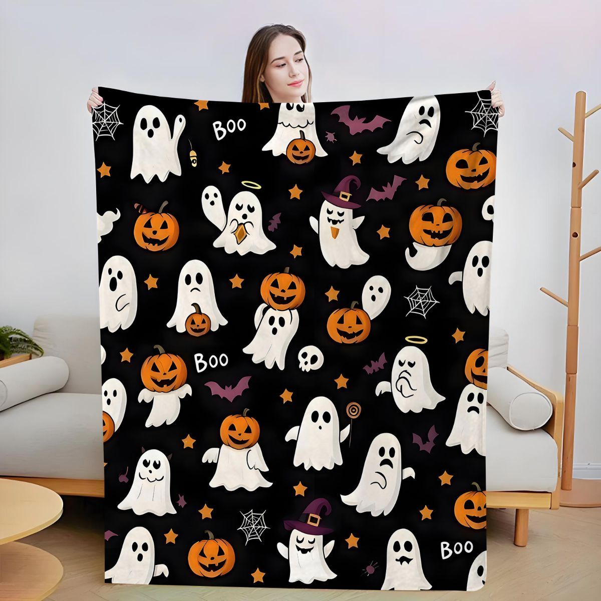 Halloween Throw Blanket Cozy Microfiber Blanket Soft Flannel Throw Festive Home Pumpkin Ghost - Black - Size 100cm*130cm