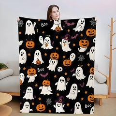 Halloween Throw Blanket Cozy Microfiber Blanket Soft Flannel Throw Festive Home Pumpkin Ghost - Black - Size 130cm*150cm