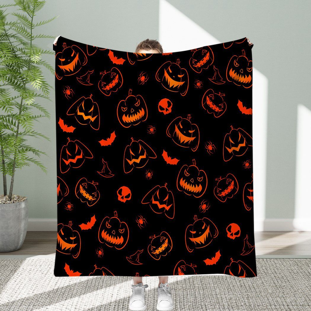 Halloween Throw Blanket Cozy Microfiber Blanket Soft Flannel Throw Festive Home Pumpkin Spider and bat - Black - Size 130cm*1