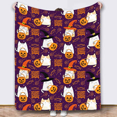 Halloween Throw Blanket Cozy Microfiber Blanket Soft Flannel Throw Festive Home Pumpkin Ghost - Purple - Size 100cm*130cm