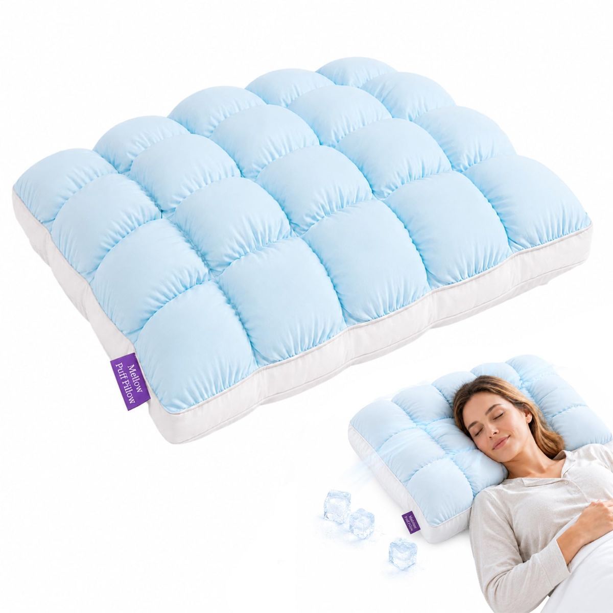 Mellow Puff Cooling Pillow for Sleeping, Fluffy Cloud Pillow with Ice-Silk Touch, Breathable Quilted Grid Design, for Side an