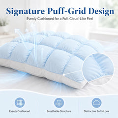 Mellow Puff Cooling Pillow for Sleeping, Fluffy Cloud Pillow with Ice-Silk Touch, Breathable Quilted Grid Design, for Side an