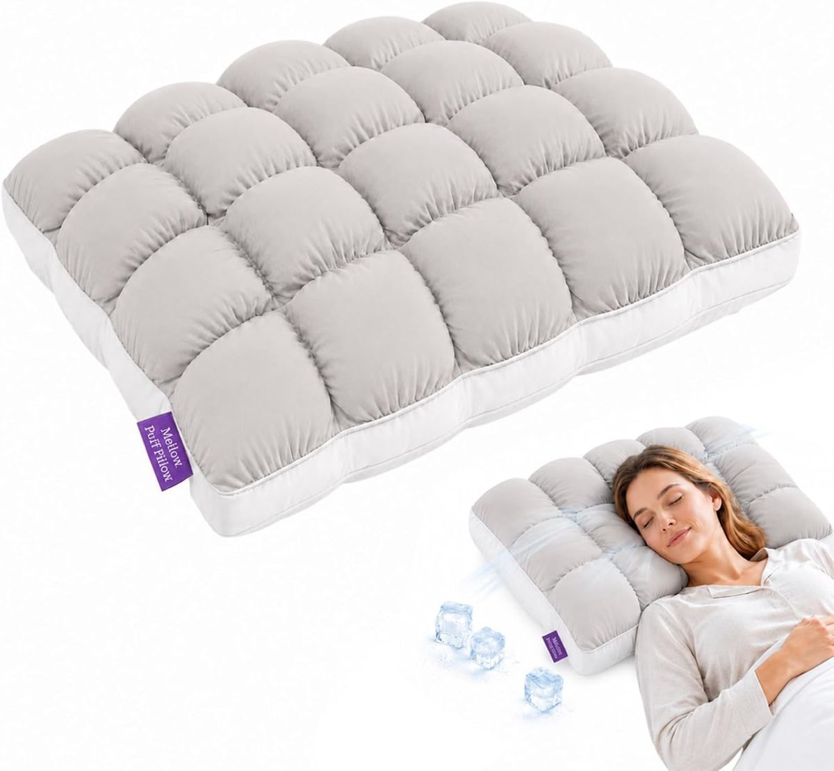Mellow Puff Cooling Pillow for Sleeping, Fluffy Cloud Pillow with Ice-Silk Touch, Breathable Quilted Grid Design, for Side an