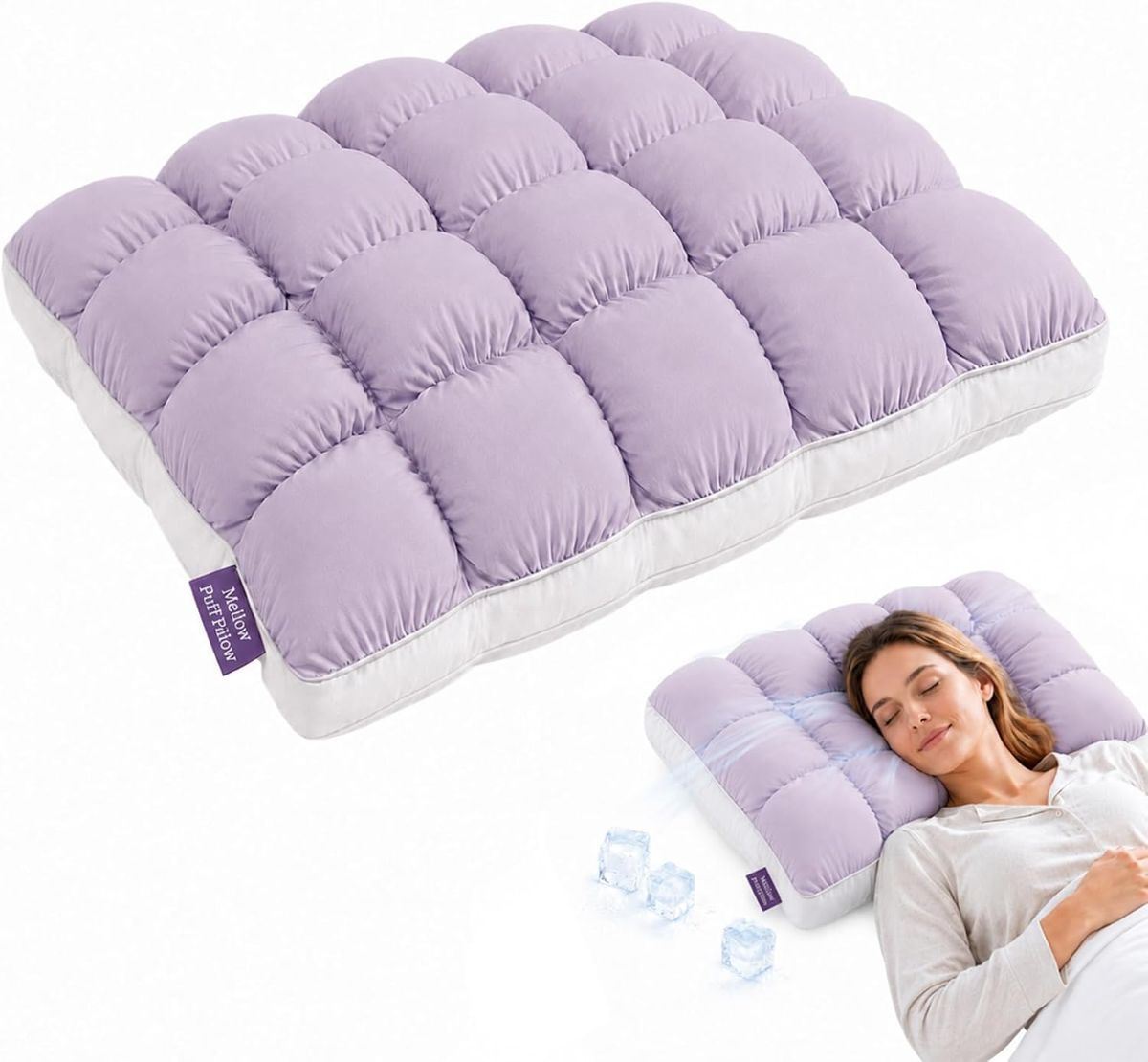 Mellow Puff Cooling Pillow for Sleeping, Fluffy Cloud Pillow with Ice-Silk Touch, Breathable Quilted Grid Design, for Side an