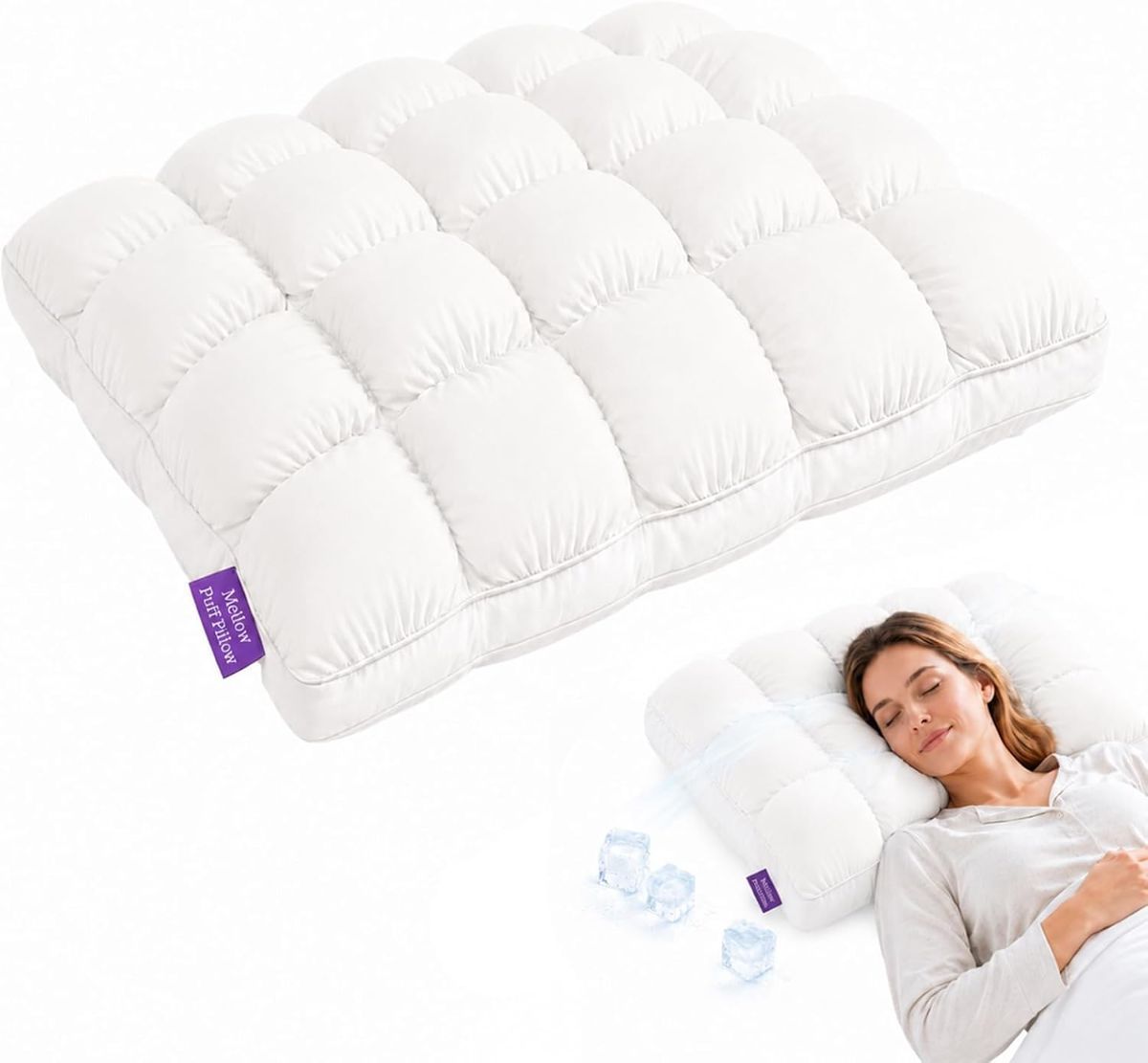 Mellow Puff Cooling Pillow for Sleeping, Fluffy Cloud Pillow with Ice-Silk Touch, Breathable Quilted Grid Design, for Side an