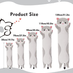 Long Cat Plush Pillow Cat Plush Toy PP Fabric Pillow Soft Cat Pillow Cat-Themed - Gray - Size 35.4in