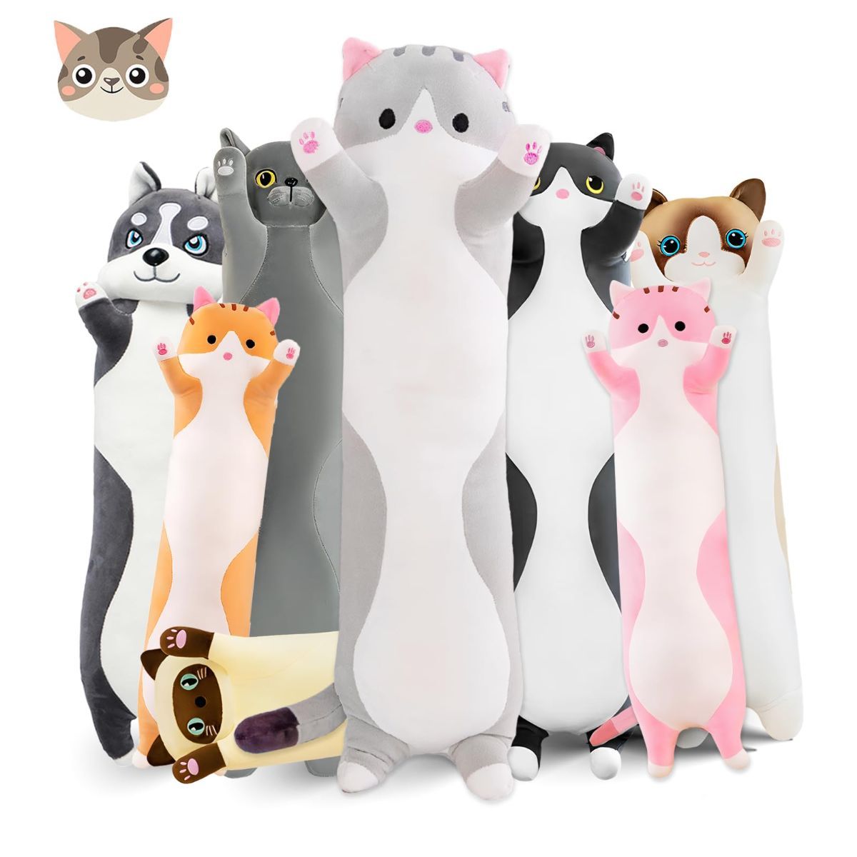 Long Cat Plush Pillow Cat Plush Toy PP Fabric Pillow Soft Cat Pillow Cat-Themed - Gray - Size 43.3in