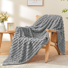 Updated Grey Throw Blanket for Couch and Bed- Super Soft and Warm 3D Checkered Fluffy Fuzzy Fleece Blanket, Luxurious Plush C