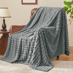 Updated Grey Throw Blanket for Couch and Bed- Super Soft and Warm 3D Checkered Fluffy Fuzzy Fleece Blanket, Luxurious Plush C