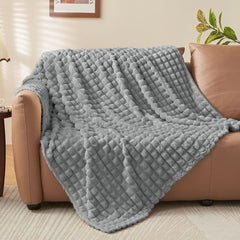 Updated Grey Throw Blanket for Couch and Bed- Super Soft and Warm 3D Checkered Fluffy Fuzzy Fleece Blanket, Luxurious Plush C