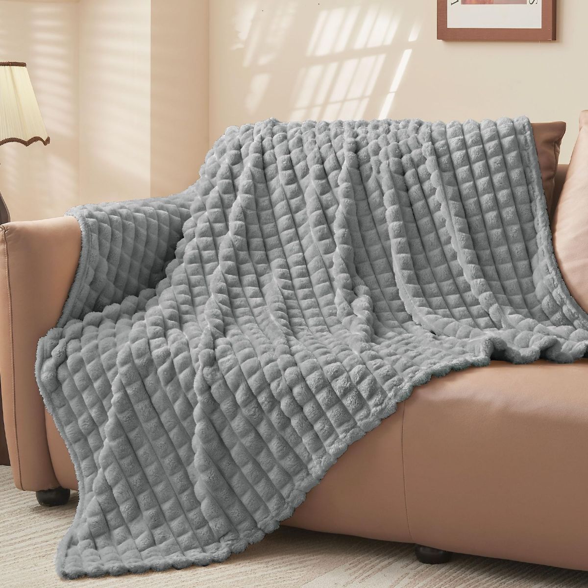 Updated Grey Throw Blanket for Couch and Bed- Super Soft and Warm 3D Checkered Fluffy Fuzzy Fleece Blanket, Luxurious Plush C