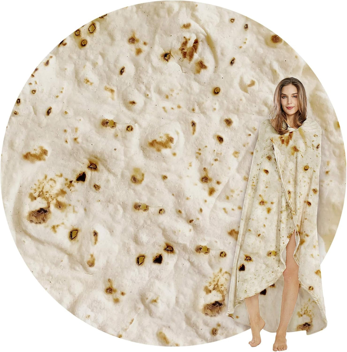 Burritos Tortilla Throw Blanket(Beige), Novelty Funny Round Blanket for Adults & Kids, Soft Flannel Tortilla Wrap Blanket（60"