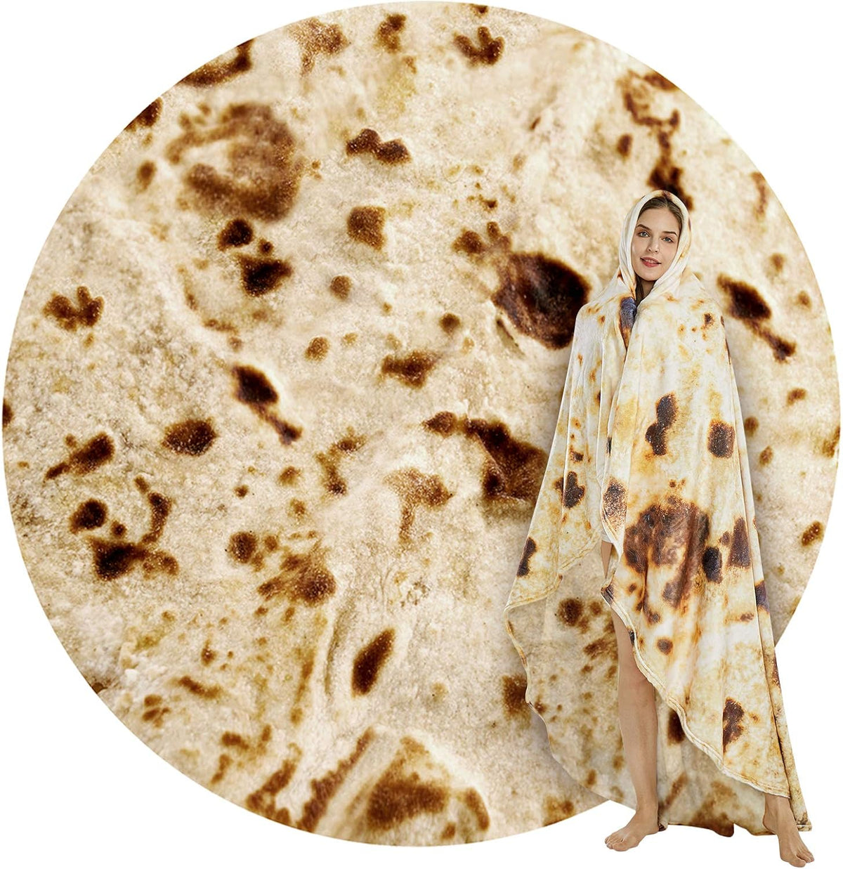 Burritos Tortilla Throw Blanket (Brown), Novelty Funny Round Blanket for Kids & Adults, Soft Flannel Tortilla Wrap Blanket（36
