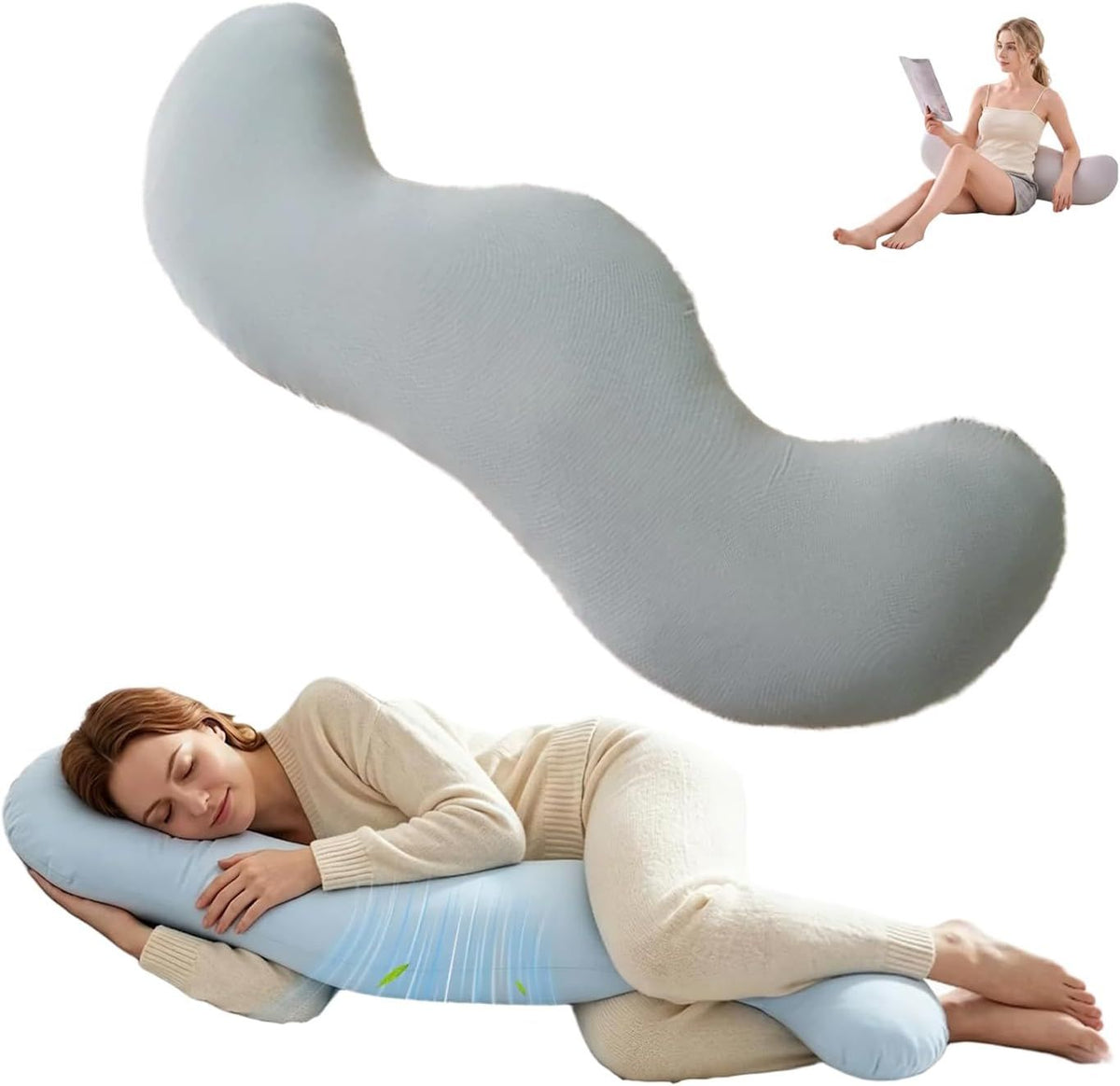 Pea Pod Shape Body Pillow for Adults Full-Body Support Side Sleeper Pillow, Pregnancy Back Pain Relief, Soft Hug Pillow with 