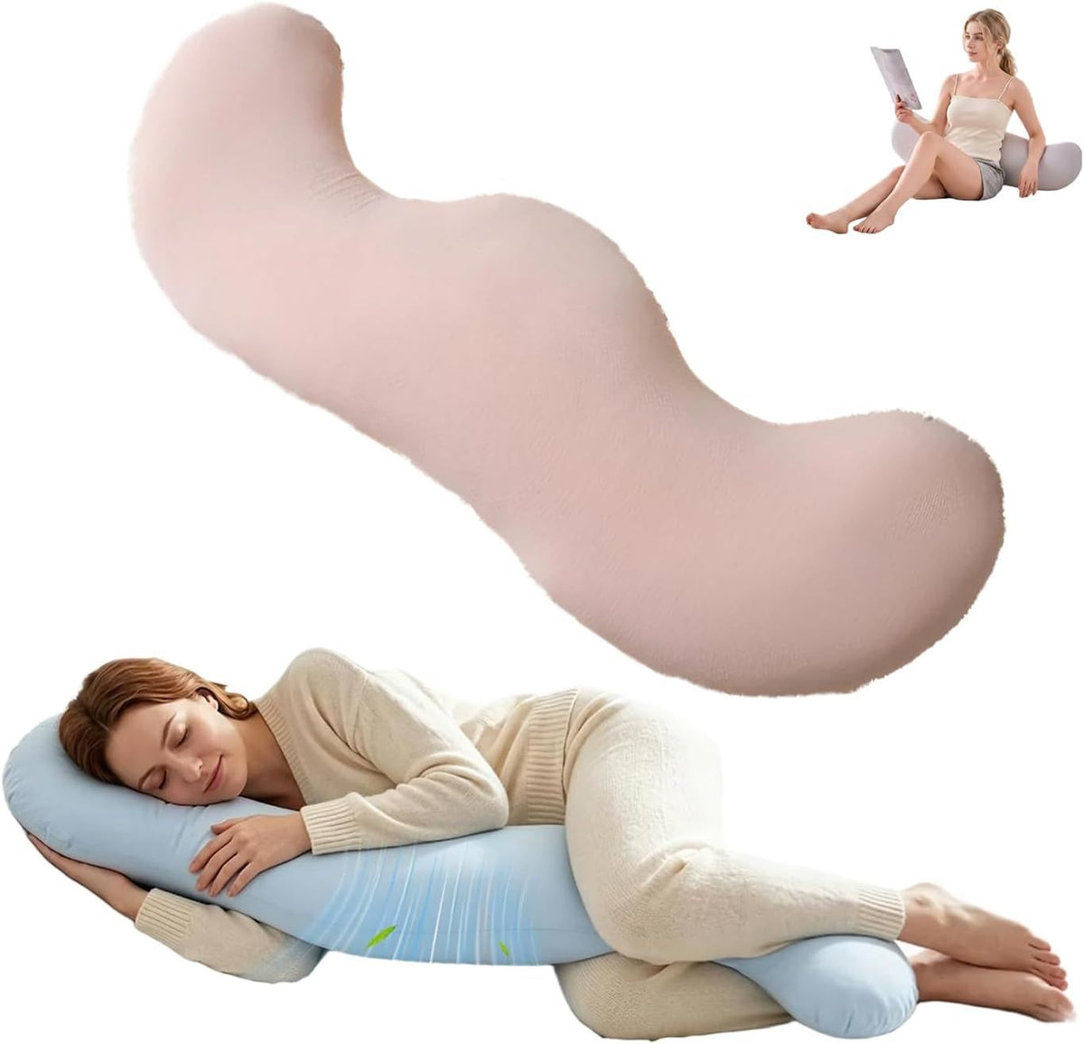 Pea Pod Shape Body Pillow for Adults Full-Body Support Side Sleeper Pillow, Pregnancy Back Pain Relief, Soft Hug Pillow with 