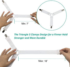8-Pack Adjustable Bed Sheet Fasteners with Triangle 3-Clamp Design, White Elastic Bands & Nickel-Plated Clips—Secures Fitted 