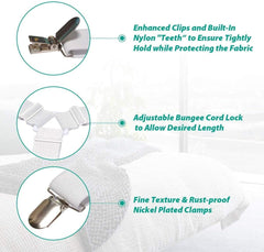 8-Pack Adjustable Bed Sheet Fasteners with Triangle 3-Clamp Design, White Elastic Bands & Nickel-Plated Clips—Secures Fitted 