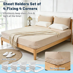 4-Piece Bed Sheet Holders Set – Adjustable No-Pin Fitted Sheet Clips for Mattress Corners, Prevents Sliding and Creasing (Whi