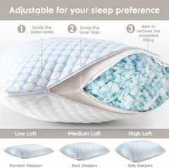 King Size Cooling Pillow with Shredded Memory Foam & Gel Infusion – Adjustable Loft, Breathable Dual-Sided Cover, 20" x 36" (