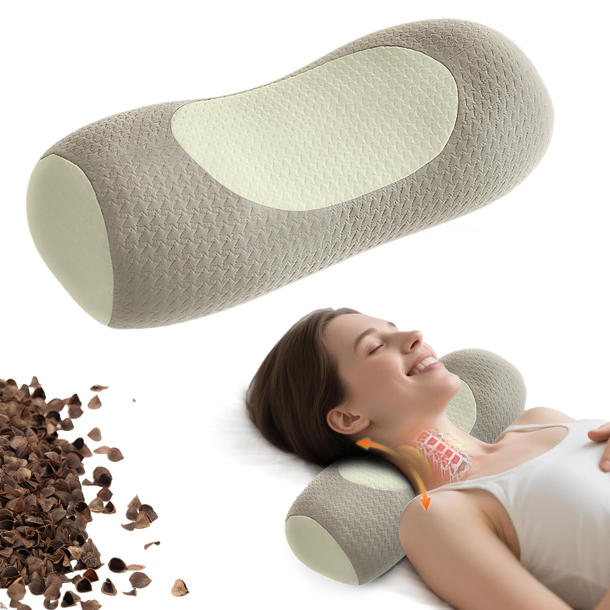 Organic Buckwheat Cervical Pillow – Ergonomic Neck Support for Side and Back Sleepers, Adjustable Firmness with Removable Cov