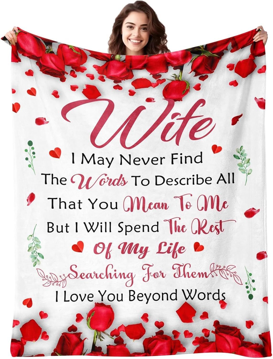 Romantic Rose Print Fleece Blanket for Wife, Soft Cozy Throw for Valentine’s Day Anniversary Christmas Gift, Warm Snuggle Bla