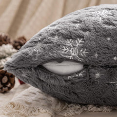 Christmas Set of 2 Decorative Throw Pillow Covers, Soft Faux Fur Pillow Cases Covers with Silver Snowflake 20 X 20 Inch, Grey