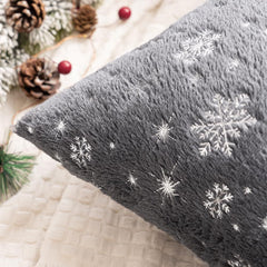 Christmas Set of 2 Decorative Throw Pillow Covers, Soft Faux Fur Pillow Cases Covers with Silver Snowflake 20 X 20 Inch, Grey
