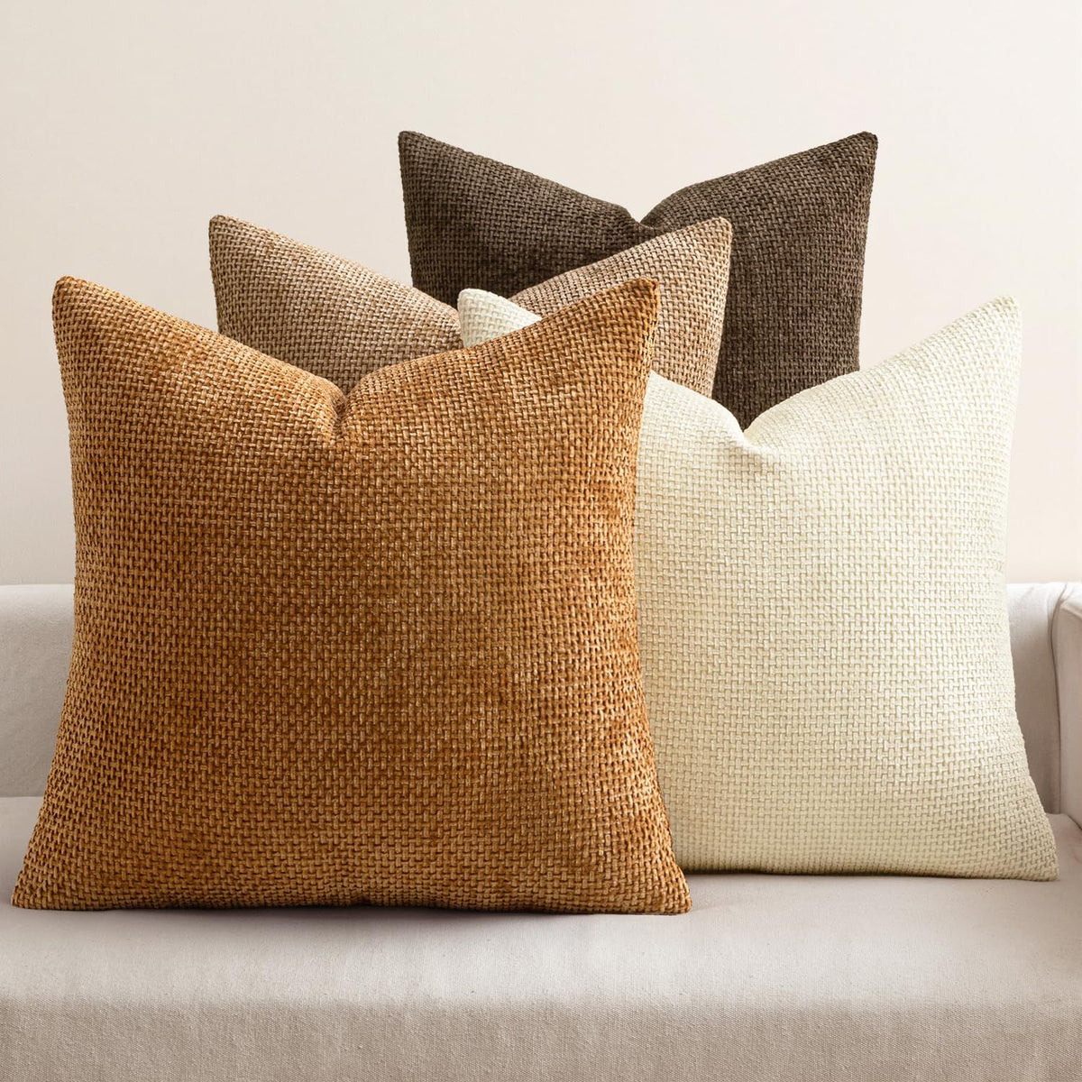Pack of 4 Brown Couch Throw Pillow Covers 18x18 Inch Soft Decorative Chenille Pillows Farmhouse Accent Cushions for Boho Home