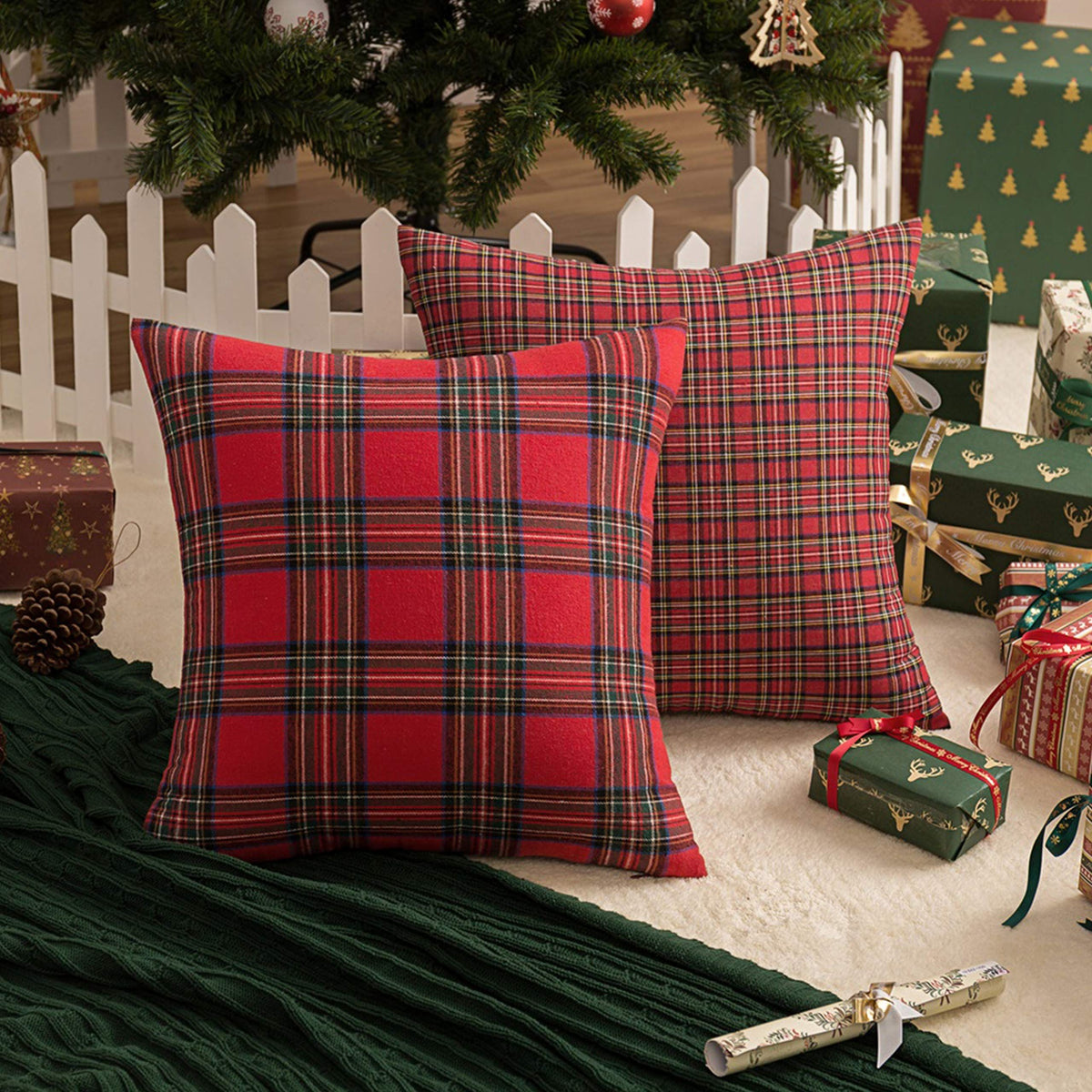 Pack of 2 Christmas Plaid Decorative Throw Pillow Covers Scottish Tartan Cushion Case for Farmhouse Home Holiday Decor Red, 1