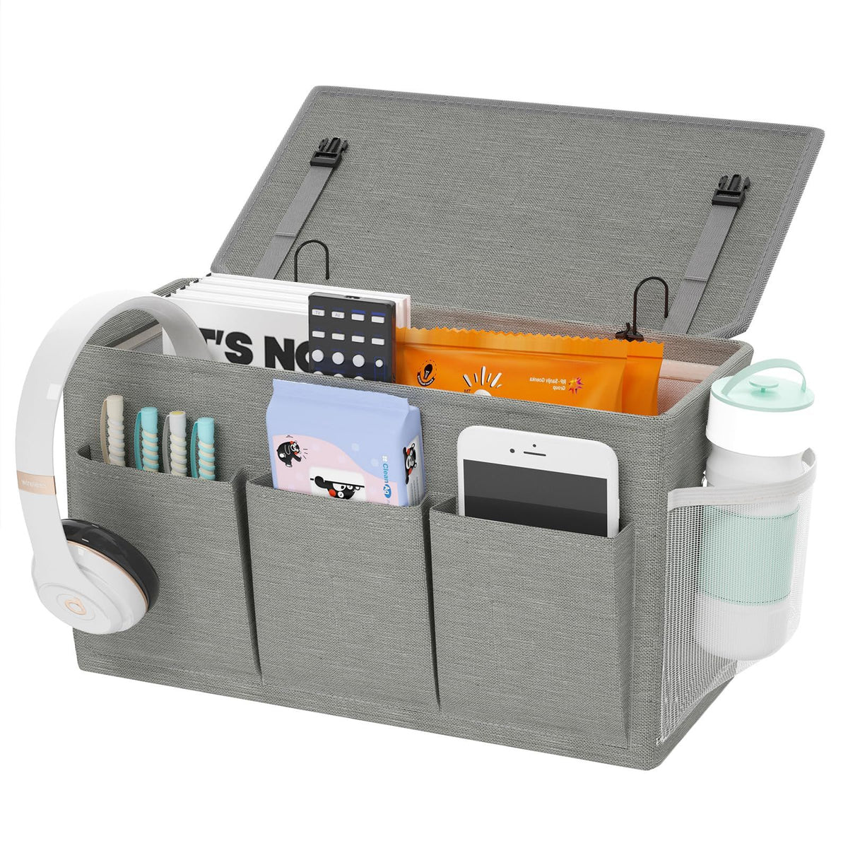 Dual purpose bedside storage device, multifunctional bedside storage solution magazine remote control bracket, (gray)