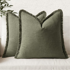 Set of 2 Decorative Linen Fringe Throw Pillow Covers Cozy Boho Farmhouse Cushion Cover with Tassels Soft Accent Pillowcase fo