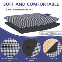 Picnic Blanket Waterproof Beach Rug 150*100cm Picnic Mat Washable Lightweight with Handle Navy Blue Checkered for Hiking Trav