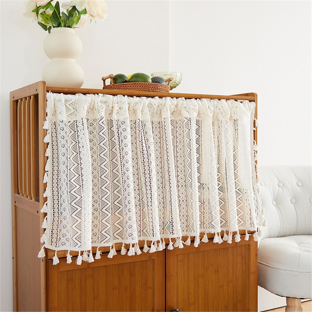 Boho Curtain Crochet Lace with Bohemian Hollow Knitted Handmade Tassels, Short Farmhouse Window Treatment for Kitchen Cafe, R